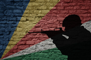 Wall Mural - Soldier silhouette on the old brick wall with flag of seychelles country.