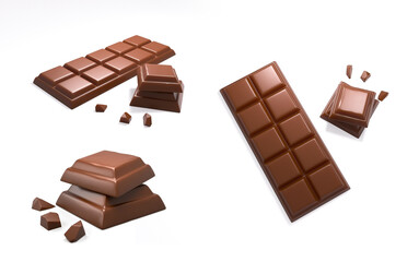 Canvas Print - 3D rendering of yummy chocolate pieces and bar isolated on- a white background