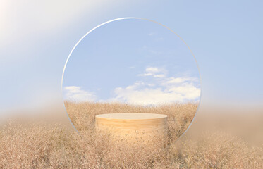 Poster - Abstract Autumn landscape scene with a podium for product display. 3D rendering.
