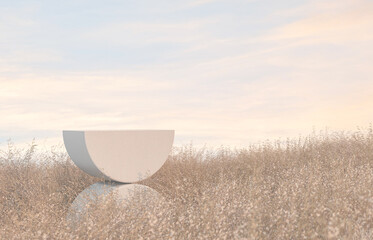 Poster - Abstract Autumn landscape scene with a podium for product display. 3D rendering.