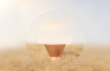 Poster - Abstract Autumn landscape scene with a podium for product display. 3D rendering.