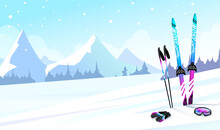 Winter Mountain Landscape Poster, Set Ski Equipment In Front. Banner Of Mountain Landscape, Snowfall And Sky On Background. Purple, Blue, Skis, Gloves, Ski Poles And Mask On Snow, Vector Illustration
