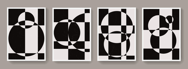Poster - Set of Geometric Bauhaus Posters. Monochrome Asbtract Geometrical Background Collection. Cool Trendy Circle Shapes Composition.