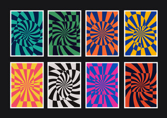 Aufkleber - Set of Abstract Optical Illusion Posters. Collection of Spiral Abstraction Art Backgrounds. Cool Retro Placards Vector Design.