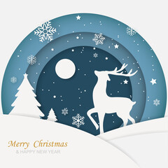 Wall Mural - Merry chrismas and winter with deer and christmas tree.paper art style. Vector