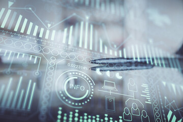 Poster - double exposure of tech theme hologram over coffee cup background in office. concept of technlogy