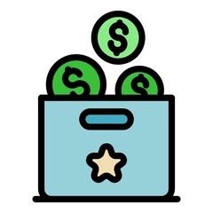Sticker - Box money startup icon. Outline box money startup vector icon color flat isolated