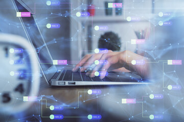 Fototapete - Double exposure of woman hands working on computer and data theme hologram drawing. Tech concept.