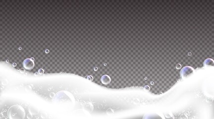 Poster - Shampoo foam border. Realistic soap bubbles on transparent background. Bathtub and laundry soapy water creamy texture. Washing suds. Soft spume waves. Vector detergent froth frame template