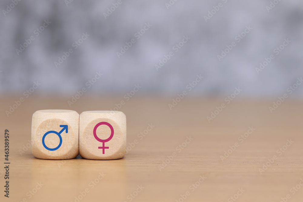 Male and female symbols on wooden cube. concept of gender equality ...