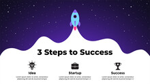 Startup Vector Infographic. Rocket Launch Into Space. Presentation Slide Template. Business Success Diagram Chart. 3 Steps Parts.
