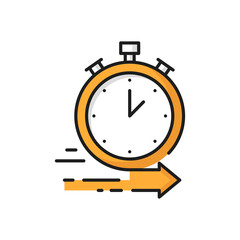Poster - Online orders on fast food delivery clock isolated icon. Vector all day night fast deliver services, takeaway takeout meals emergency services on tasty food cooking. Timer with arrow, quick order