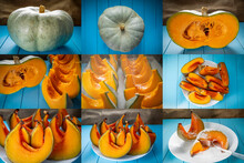 Sweet Pumpkin Prince Crown Whole Process Of Preparation In One Image. Oven Baked Sweet Squash Dessert