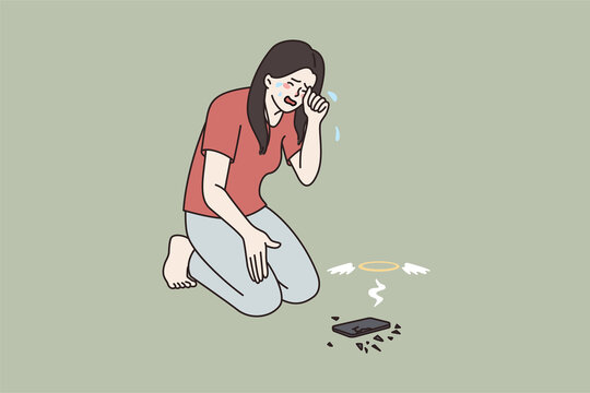 Upset girl cry over broken modern smartphone gadget. Unhappy distressed woman feel hysterical despair stressed with cellphone break down. Technology device addiction. Flat vector illustration. 