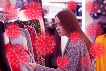 Poster - covid microbe, viruses in public places, girl in a clothing store surrounded by coronavirus