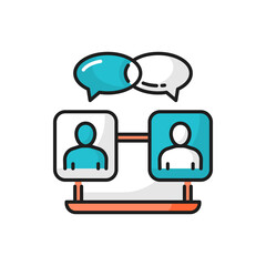 Aufkleber - Online meeting chat conference, speech bubbles isolated color line icon. Vector distant education, teacher and student, teamwork collaboration. Team communication, two people speaking, speech bubbles