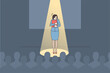Anxious young woman speaker or presenter feel scared nervous of public speaking. Worried female stand on stage unconfident shy talking making presentation in front of audience. Vector illustration.