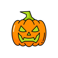 Scary Jack-o-lantern Pumpkin Halloween Party Sign Isolated Outline Icon. Vector Squash With Triangle Eyes And Mouth, Pumpkin With Stem, Autumn Vegetable. Gourd With Angry Smile, Illuminated Lantern