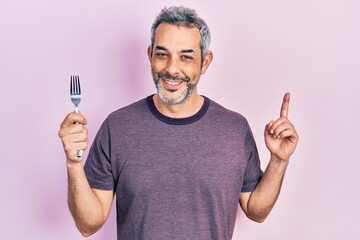 Poster - Handsome middle age man with grey hair holding one silver fork surprised with an idea or question pointing finger with happy face, number one