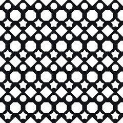 Poster - Diamonds, circles, octagons and stars. White colored shapes and black background. Seamless vector.