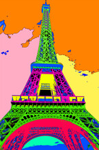 Pop Art Eiffel Tower Made Of Iron In Art Nouveau Style At Paris. The French Capital Known As The City Of Light.