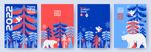 Merry Christmas And Happy New Year Set Of Greeting Cards, Posters, Holiday Covers. Modern Xmas Design In Blue, Red And White Colors. Winter Landscape With Snow Fairy Forest,  White Bear And Bullfinch