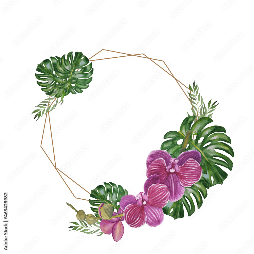 Watercolor tropical leaves monstera and orchid flowers frame. Hand ...