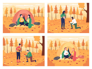 Poster - Couple camping in autumn flat color vector illustration set. Partners collecting mushrooms in woods. Boyfriend and girlfriend together 2D cartoon characters with landscape on background pack