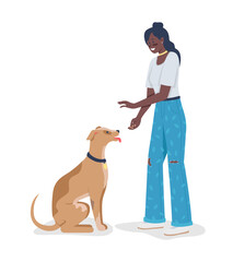 Poster - woman teaching dog tricks semi flat color vector character. posing figure. full body person on white