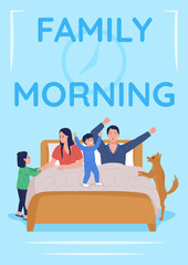 Poster - Daily parent routine poster flat vector template. Mother and father with children. Brochure, booklet one page concept design with cartoon characters. Family morning flyer, leaflet with copy space