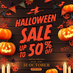 Wall Mural - Vector of Halloween Sale Promotion Poster or banner with Halloween Pumpkin,Ghost,Candlelight,buntings and Halloween Elements.Website spooky,Background or banner Halloween template.