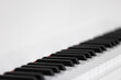 A close up of a keyboard of a white grand piano