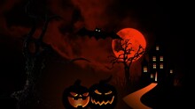 Halloween Blood Red Moon In Black Sky On Background House Silhouette, Bare Trees, Orange Pumpkin And Bats. Halloween Characters For Video Card