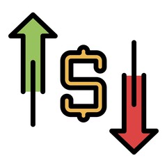 Poster - Dollar up and down arrows icon. Outline dollar up and down arrows vector icon color flat isolated