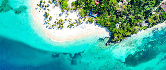 vacation background. aerial drone view of beautiful caribbean tropical island cayo levantado beach w