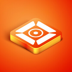 Canvas Print - Isometric Movie spotlight icon isolated on orange background. Light Effect. Scene, Studio, Show. Vector