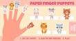 Paper animal finger puppets worksheets for kids hand. Handmade theatre activity. Children cut craft page with cartoon dolls vector template
