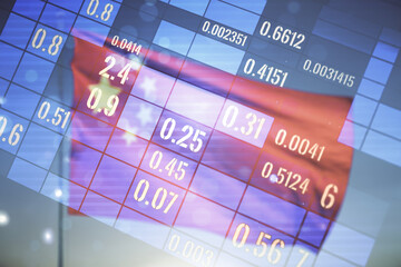 Aufkleber - Multi exposure of abstract statistics data hologram interface on flag of China and blue sky background, computing and analytics concept