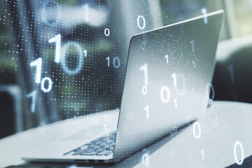 Leinwandbilder - Double exposure of creative abstract binary code hologram on laptop background. Database and programming concept