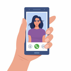 Poster - Hand holds smartphone during video call. Young woman on smartphone screen with connection icons. Communication online using the phone. Talking through video call. Chatting online. Vector illustration.