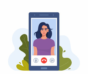 Poster - Video call on smartphone. Young woman on smartphone screen with connection icons. Communication online using the phone. Talking through video call. Chatting online. Vector illustration.