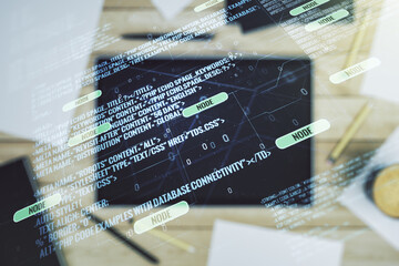 Poster - Multi exposure of abstract programming language hologram and modern digital tablet on background, artificial intelligence and machine learning concept