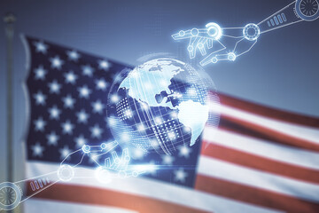 Aufkleber - Abstract virtual robotics technology hologram with globe sketch on USA flag and sunset sky background. Robot development and automation concept. Multiexposure