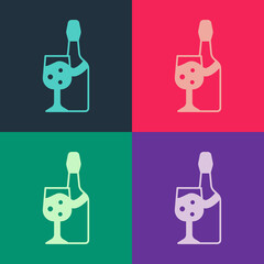 Sticker - Pop art Champagne bottle with glass icon isolated on color background. Vector