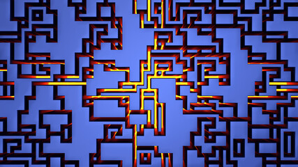 maze business challenge blue background technology with yellow light risk and decision labyrinth 3D illustration
