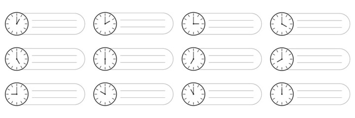 Wall Mural - horizontal set of analog clock icon with short note notify of each hour activities isolated on white