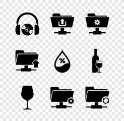 Sticker - Set Headphones and CD or DVD, FTP folder upload, settings, Wine glass, and sync refresh icon. Vector