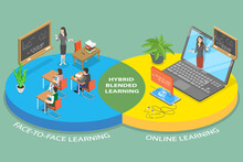3D Isometric Flat Vector Conceptual Illustration Of Hybrid Learning, Studing Both From Home And Face To Face