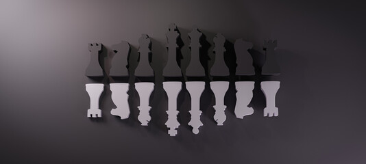 Wall Mural - 3D rendering of white and black chess pieces arranged in the dark background