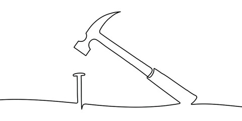 Wall Mural - hammer and nail line background. one line drawing background. continuous line drawing of hammer and 